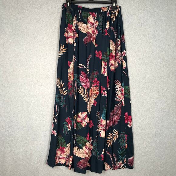 Patrons of Peace Skirt Womens Medium Black Tropical Maxi High Slits Pleated Tie - Picture 7 of 10